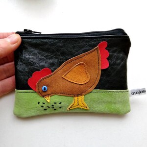Gelbe leder tasche,Henne Münze Geldbörse,Henne Applikation, recyceltes schwarzes Leder,Hühner Geldbörse,Henne Münze,Henne Geldbörse,Henne Geldbörse,schwarze Leder Geldbörse