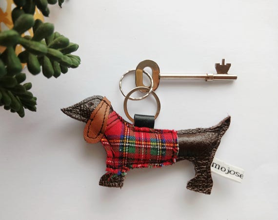 Handmade Leather brown Dachshund Keyring: Tartan Coat Sausage Dog Keychain