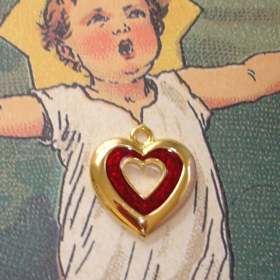 vintage red inlay gold metal sweetheart cut out s… - image 1