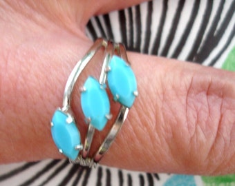 vintage silver 3 turquoise almond shaped faceted gems snakes floral silver tone metal cocktail ring adjustable band size adults kids jewelry