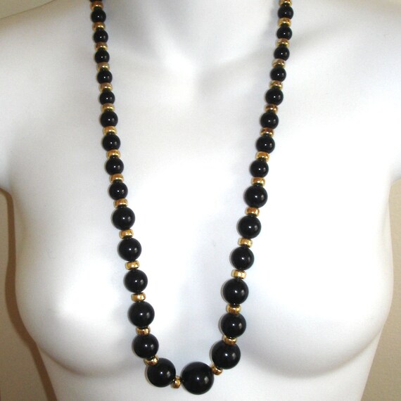 vintage black and gold gradating round beads long… - image 2