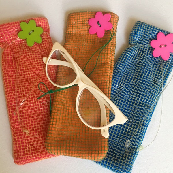 colorful felt mesh flower botton tie closure eyeglass sunglasses case kids adults eyewear accessories upcycled pouch recycled materials