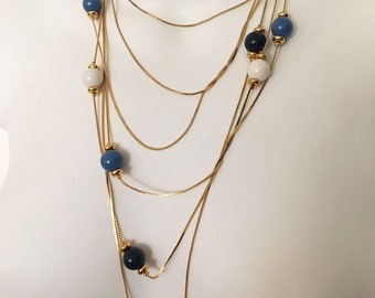 vintage white blue black round beads beaded gold tone metal serpentine 3 strand flapper style snake chain long layering necklace 41 inch