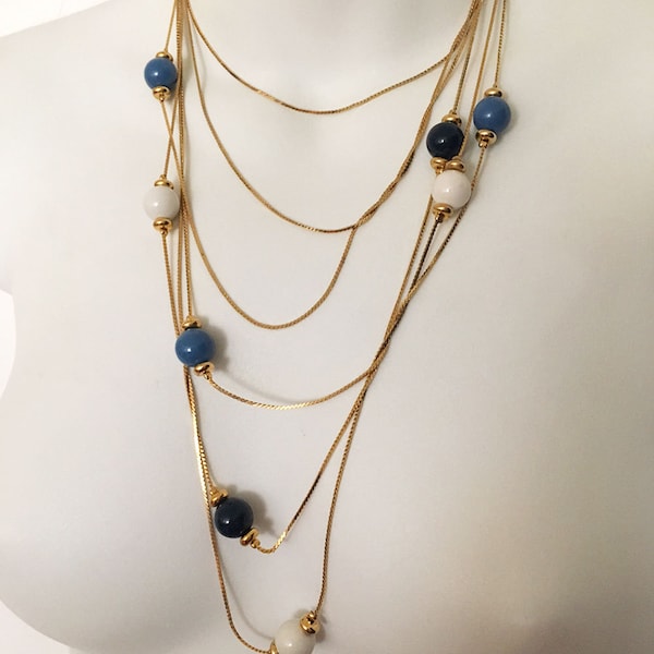 vintage white blue black round beads beaded gold tone metal serpentine 3 strand flapper style snake chain long layering necklace 41 inch