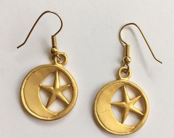 vintage golden star and crescent moon gold tone metal pierced ear wire celestial whimsical round hoop drop dangle earrings 1.75 inch long