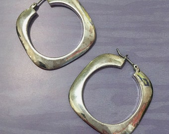 vintage silver tone metal rounded corners square cutout circles medium hoop pierced earrings 1.25 inch geometric circle hoops nonbinary