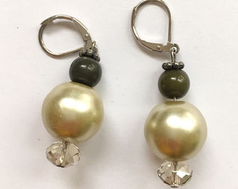 vintage pale greenish pearl dark army green silver ball faceted clear glass beads dangle silver metal pierced earrings 2" drops beaded drop