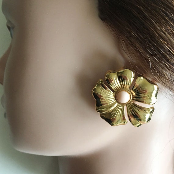 vintage large gold dogwood flower pierced earring… - image 1