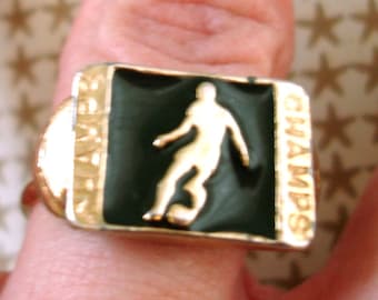 vintage CHAMPS soccer sports gold tone metal adjustable band size ring with black inlay unisex womens mens girls boys kids athletic