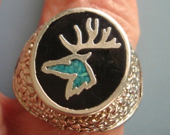 vintage unisex silver nugget ring with black and turquoise elk inlay size 10 hallmarked large textured silver metal ring mosaic reindeer