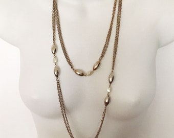 vintage rectangular pearl and oval golden beads long flapper style double chain one strand gold tone metal retro layering necklace 53"