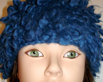 fun vintage loopy blue wool acrylic blend hat unique skullcap unisex stocking cap 1990s grunge punk rock bold winter accessories adults kids