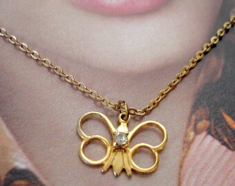 vintage mod golden geometric butterfly with rhinestone center pendant necklace 15.5" gold chain kids adults whimsical flying insect jewelry