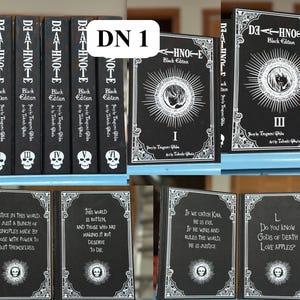 May include: A collection of Death Note Black Edition manga books featuring black covers with white ornate borders, skull icons, and text. The spines and front covers display the series title, volume numbers, and quotes in a gothic-inspired design.
