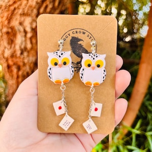 Messenger Snowy Owl Earrings, With Double-Sided Letters. Perfect Gift for Book Lovers, Teachers, Librarians, and Witches!