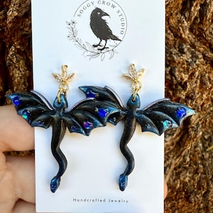 Black Dragon Earrings, lightweight handmade with sparking blue and purple accents
