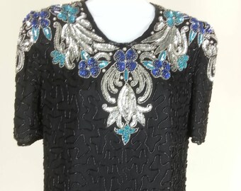 Vintage Scala 80s silk beaded sequins black blouse top size small chest 38