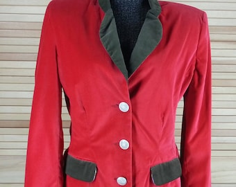 Vintage red velveteen jacket with green corduroy trim and gorgeous lining gold buttons size S small chest 42