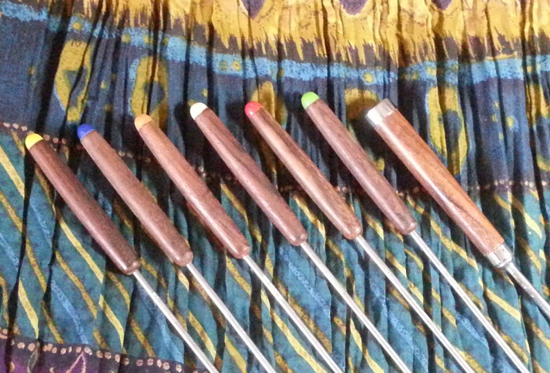 Vintage 60s set of 7 fondue forks with teak handles