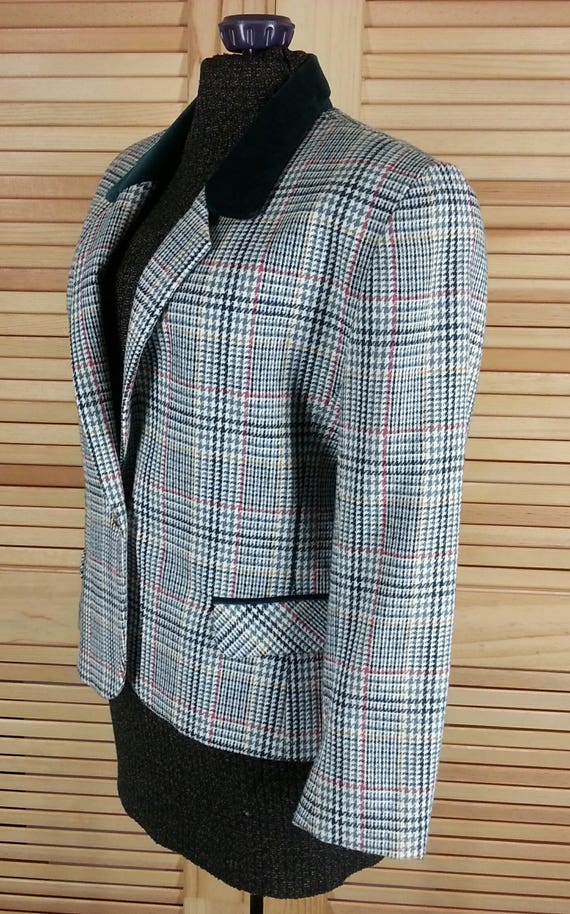 Vintage 80s 90s green plaid blazer velvet collar … - image 2