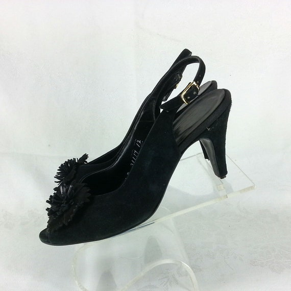 Vintage 50s 60s black leather suede peep toe slin… - image 2