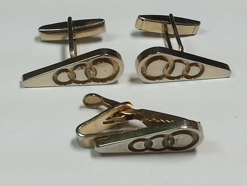 1949-1950 Vtg futuristic tie clip and cufflinks set in gold tone metal pat