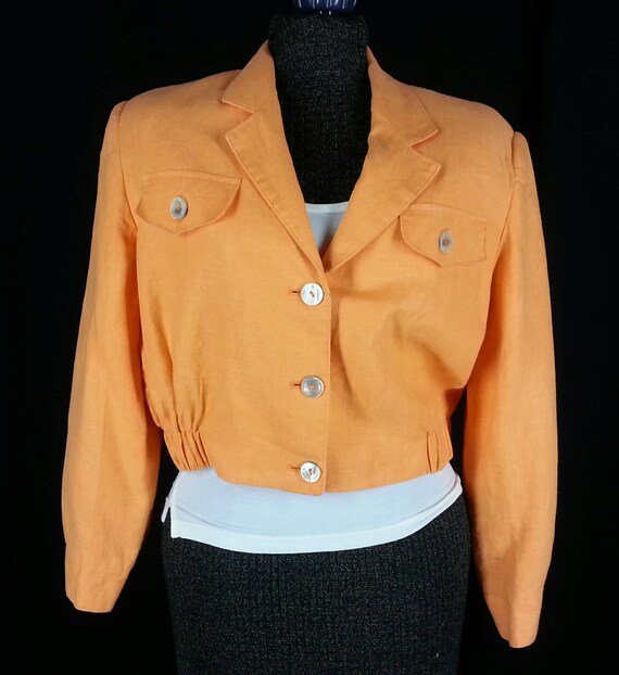 Vintage 80s orange sherbet linen cropped jacket size medium M chest 44 Made in Russia