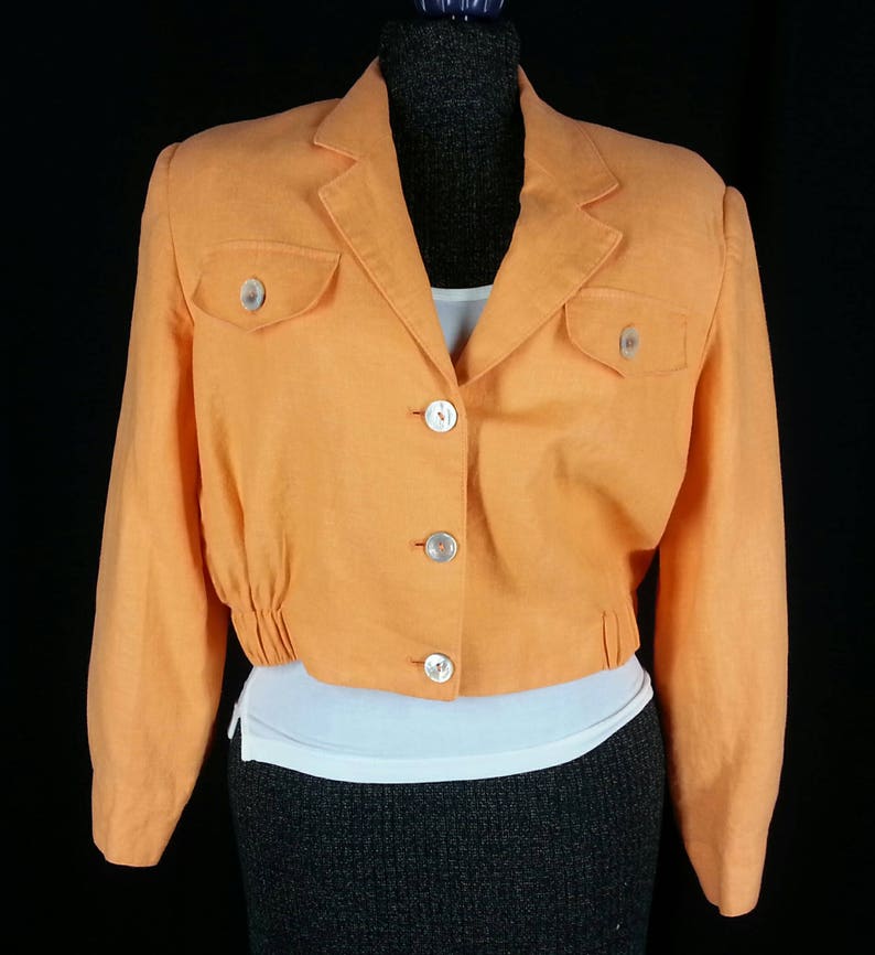 Vintage 80s orange sherbet linen cropped jacket size medium M chest 44 Made in Russia