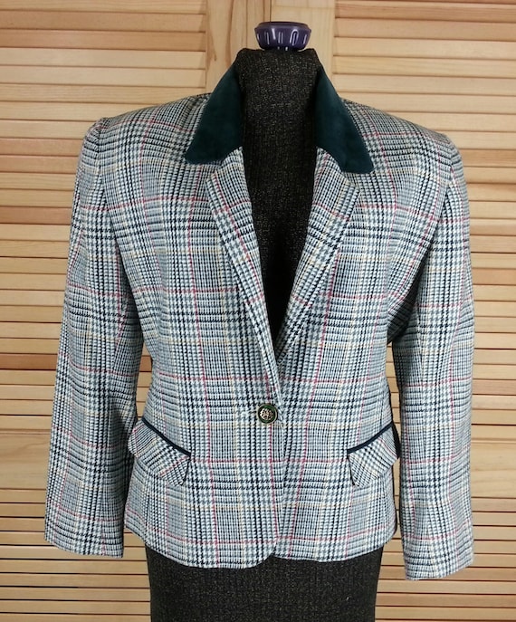 Vintage 80s 90s green plaid blazer velvet collar … - image 1