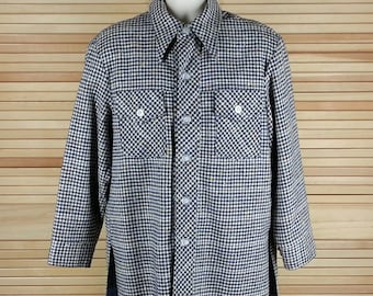 Vintage 70s wool check jacket navy blue and cream orange blue yellow speck size Large chest 48