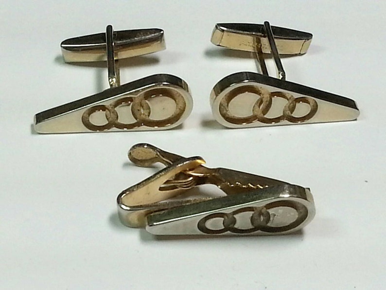 1949-1950 Vtg futuristic tie clip and cufflinks set in gold tone metal pat