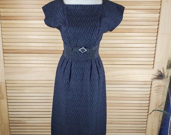 Vintage R&K Originals black eyelet sheath dress 1960s Size Small to Medium