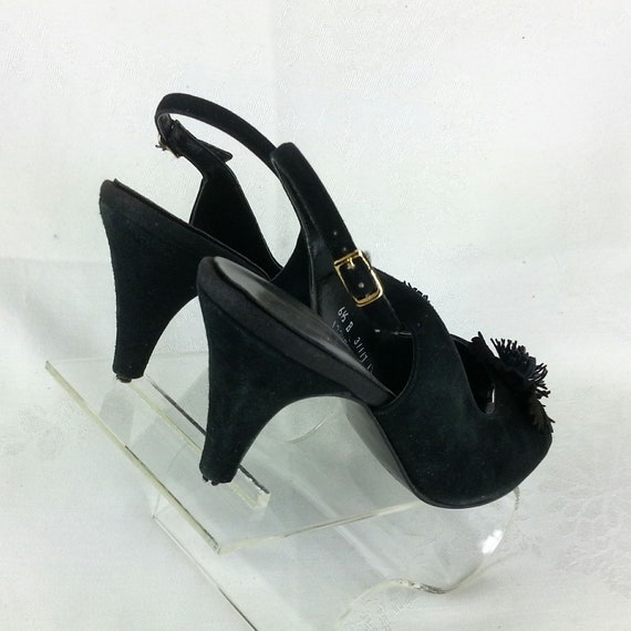 Vintage 50s 60s black leather suede peep toe slin… - image 4