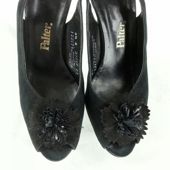 Vintage 50s 60s black leather suede peep toe slin… - image 5