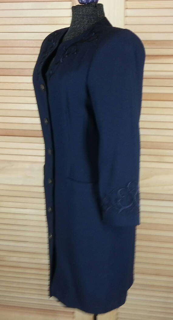 Vintage 80s navy blue coat dress applique button … - image 3
