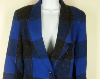 Vintage City Girl blue check wool skirt suit size 11 12 waist 29 chest 40