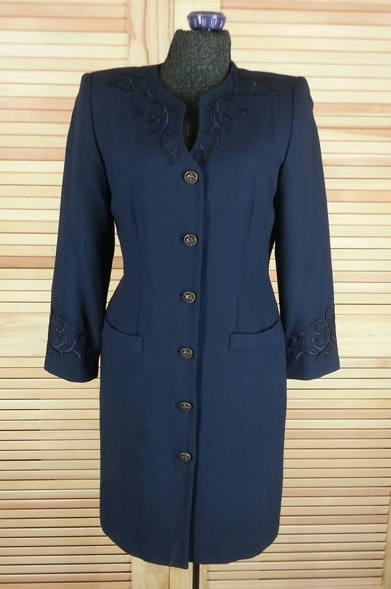 Vintage 80s navy blue coat dress applique button … - image 2