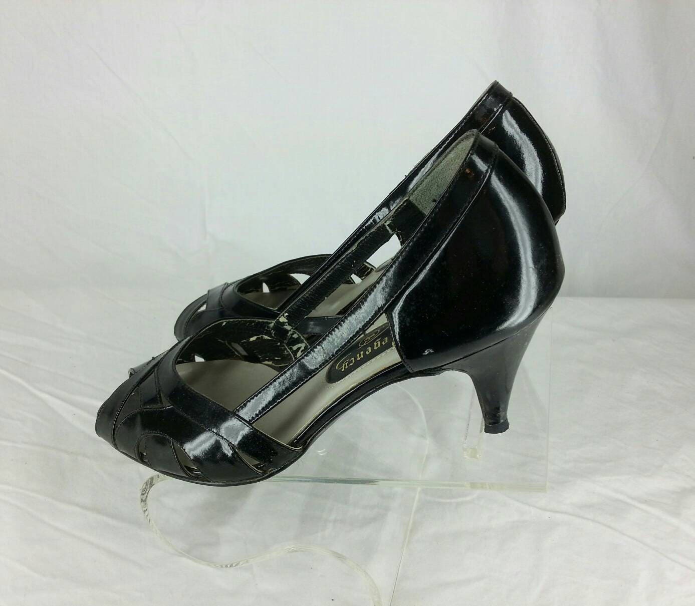 Vintage 80s Black Patent Leather Peep Toe Kitten Heels Shoes | Etsy