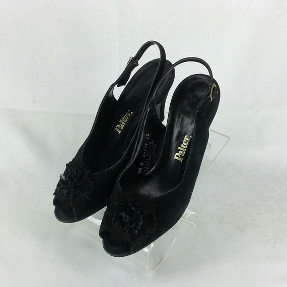 Vintage 50s 60s black leather suede peep toe slin… - image 1