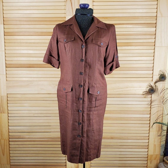 Vintage Brown Linen Shift Dress Address Maggy Size