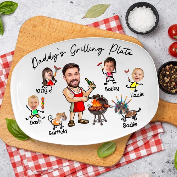 Personalized Face Grilling Platter, Custom Daddy's Grilling Plate with Kids' Names, Father's Day Gift, Funny Gift for Dad, Birthday Gift