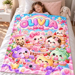 May include: A soft fleece blanket featuring the name OLIVIA in large, colorful bubble letters at the top. The design includes various cute, smiling cartoon characters, boba tea, cupcakes, strawberries, and a pink camera on a pastel background.