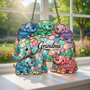Personalized Elephant Acrylic Suncatcher For Grandma, Custom Grandkids Name Elephant  Window Hanging, Window Decor