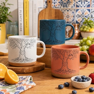 Personalized Tree of Life Pottery Mug, Custom Couple Anniversary Gift, Engraved Lovebirds Ceramic Coffee Mug, Heart Initials Wedding Gift