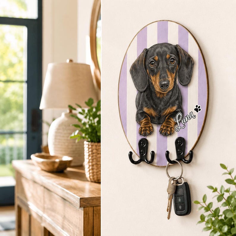 Puede incluir: Un soporte para llaves ovalado de pared con una ilustraci&oacute;n de un perro salchicha negro y fuego sobre un fondo de rayas blancas y moradas claras. El nombre Luna est&aacute; impreso en blanco junto a una huella negra. Dos ganchos de metal negro sostienen llaves.