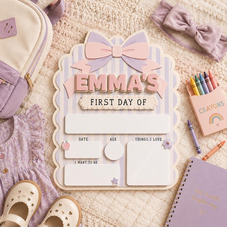 May include: A scalloped, light purple and white striped sign featuring a large pink and purple bow at the top. The text reads EMMA'S FIRST DAY OF, with blank spaces for date, age, things I love, and I want to be, accented by small icons.