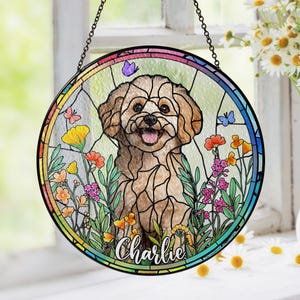 Atrapasol de perro con vitral personalizado, retrato de mascota personalizado, regalo conmemorativo para mascotas, regalos de condolencia, perro con vitral