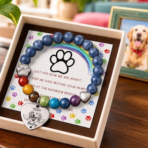 Könnte beinhalten: Ein Perlenarmband mit blauen, roten, gelben, braunen, grünen, türkisfarbenen und violetten Perlen, einem silbernen Pfotenanhänger, einem Herzanhänger und einem großen herzförmigen Anhänger mit Hunde-Gravur und dem Namen Bailey.