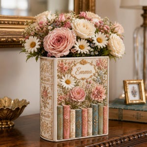 Custom Floral Book Vase, Personalized Book Lover Room Decor, Cottagecore Aesthetic Flower Pot, Romantic Birthday Gift for Her, Reader Gift