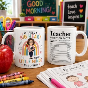 Personalized Teacher Mug, Custom It Takes a Big Heart to Shape Little Minds Mug, Teacher Nutrition Facts Cup, Appreciation Gift for Her